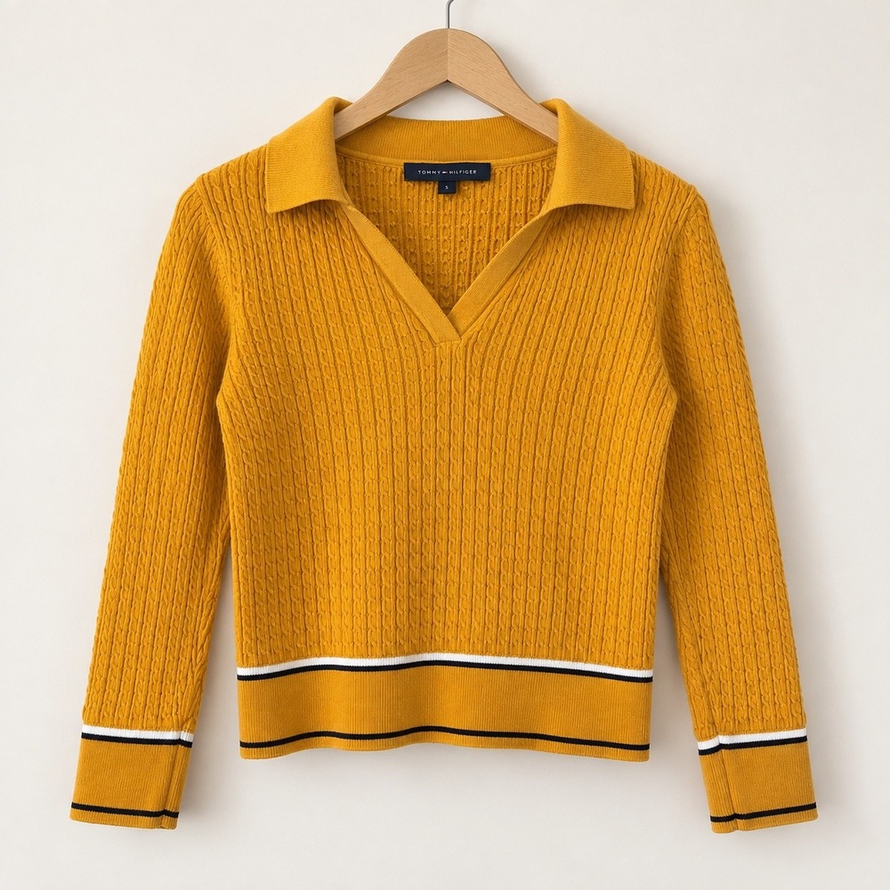 Tommy Hilfiger Womens Mustard Yellow Cable Knit Polo Sweater V-Neck Medium